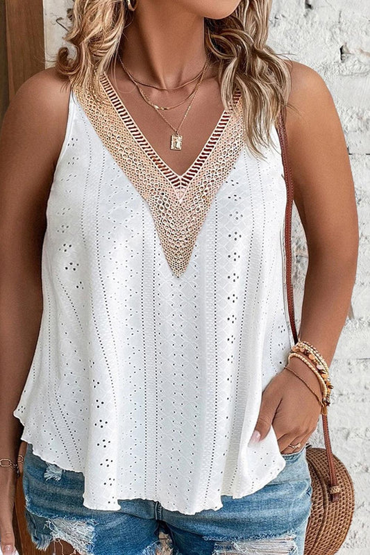 White Plus Size Guipure V Neck Eyelet Lace Tank Top - The Fair Lady Shop