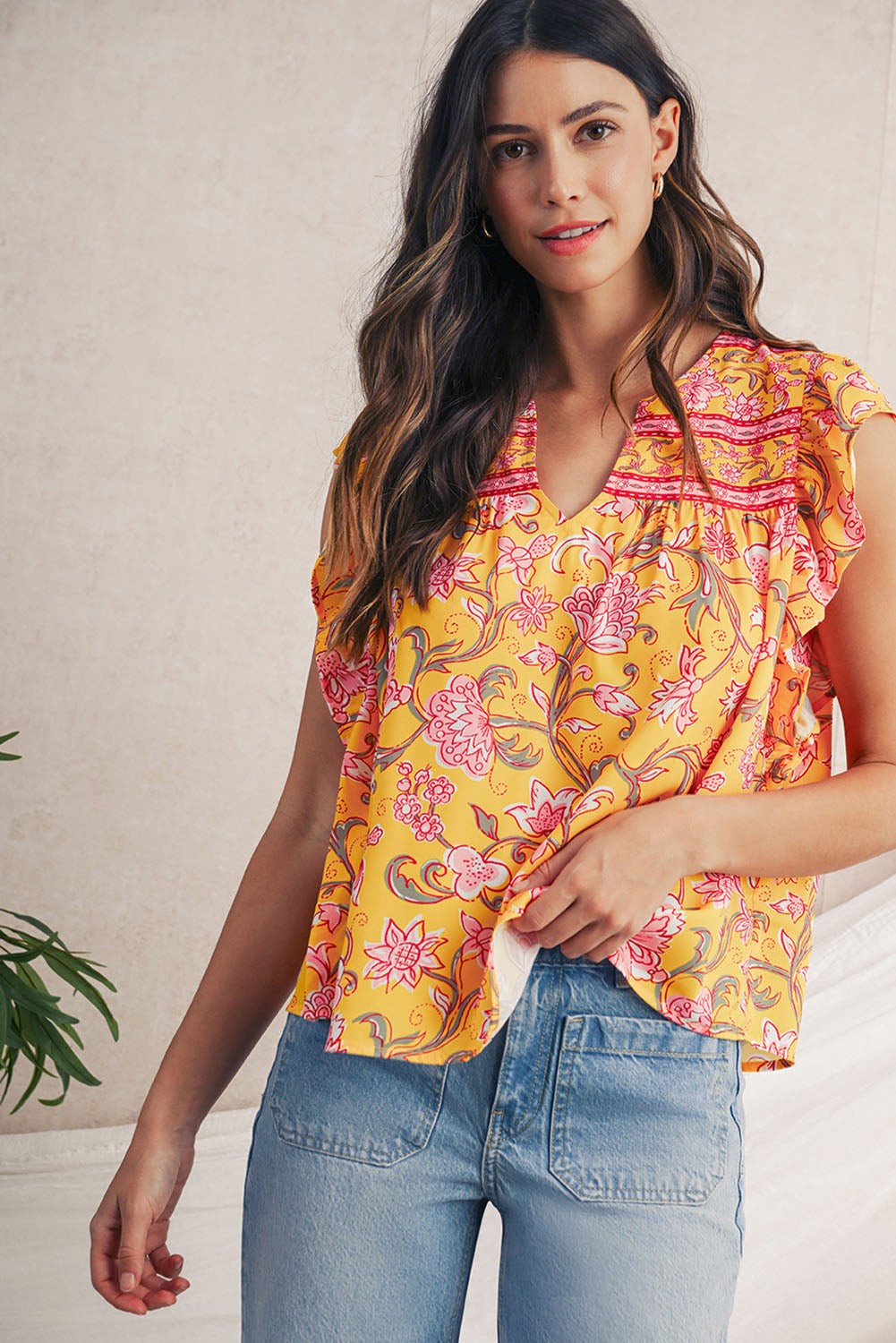 Yellow Floral Ruffle Shoulder V Neck Flowy Blouse - The Fair Lady Shop