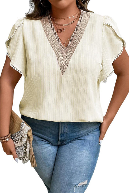 Beige Contrast Guipure Lace Petal Sleeve Plus Size Blouse - The Fair Lady Shop