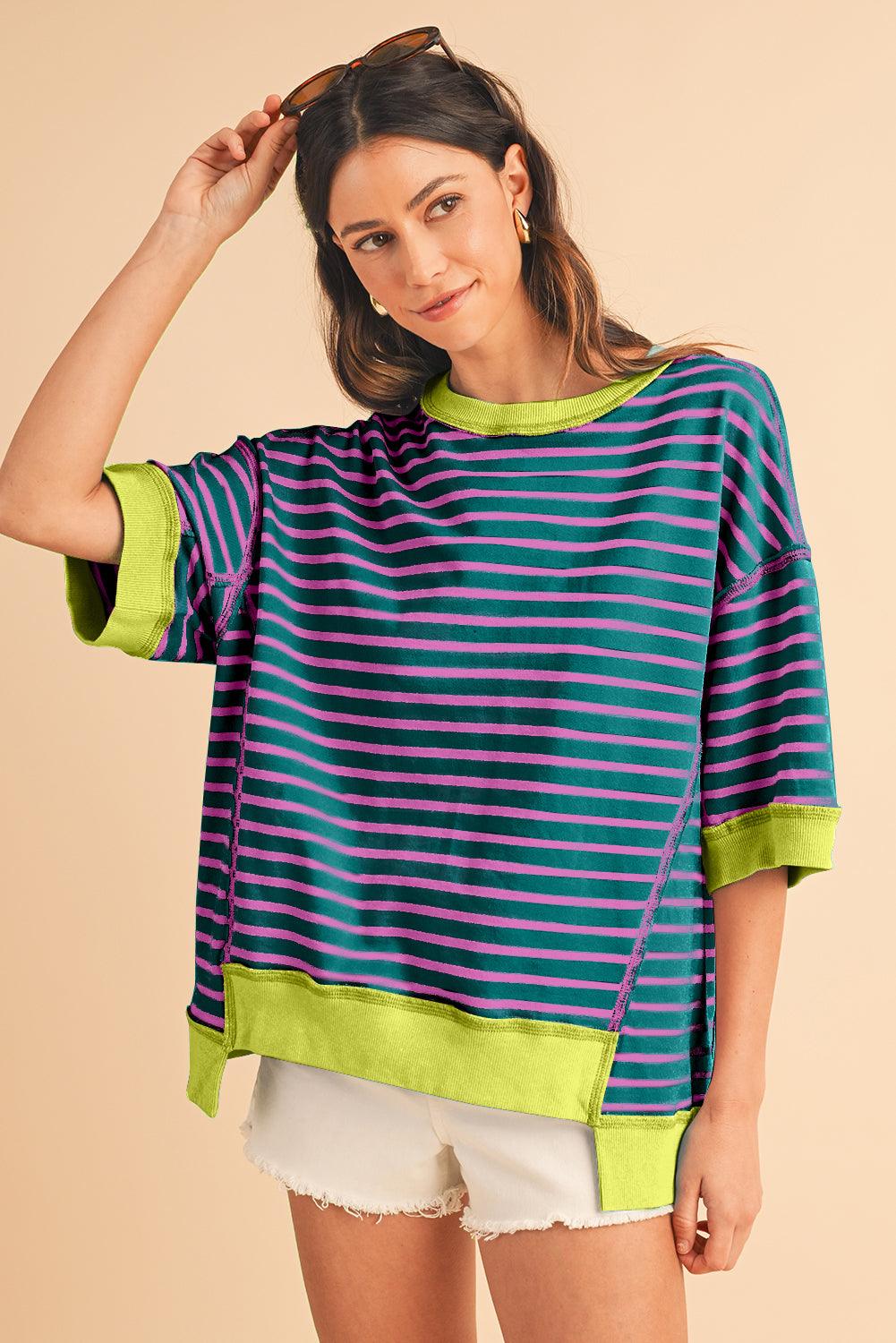 Pink Stripe Colorblock Drop Sleeve Oversized T Shirt - The Fair Lady Shop