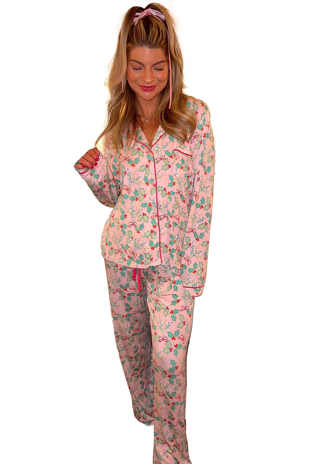 Multicolour Christmas Floral Long Sleeve Shirt and Pants Pajama Set - The Fair Lady Shop