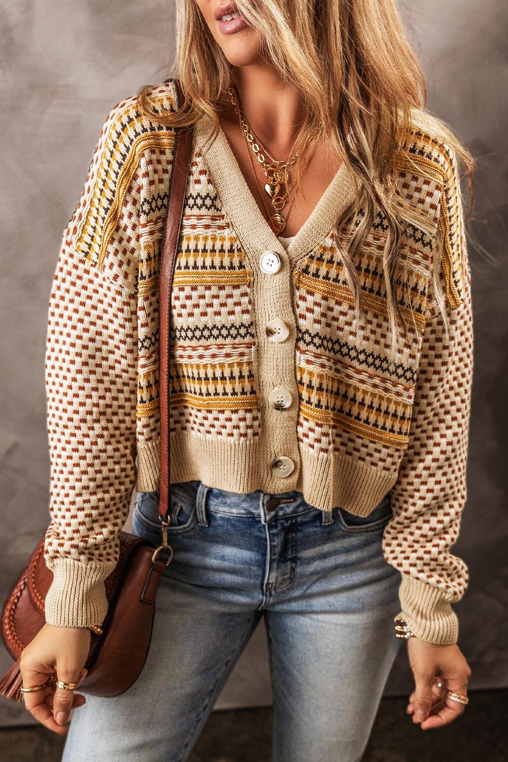 Khaki Geometric Pattern Button Front V Neck Cropped Cardigan - The Fair Lady Shop