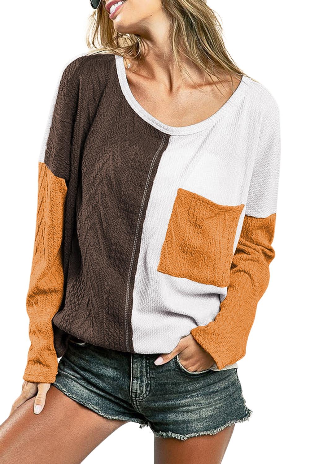 Brown Color Block Textured Chest Pocket Long Sleeve Top - The Fair Lady Shop