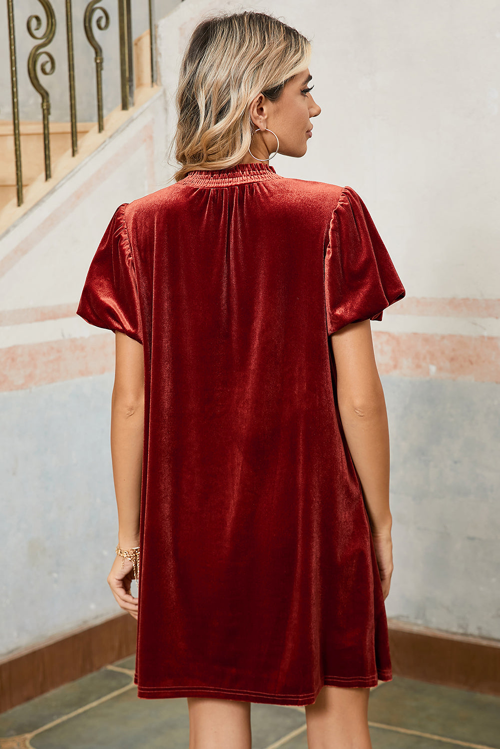 Cinnamon Velvet Smocked Neckline Puff Sleeve Shift Mini Dress - The Fair Lady Shop