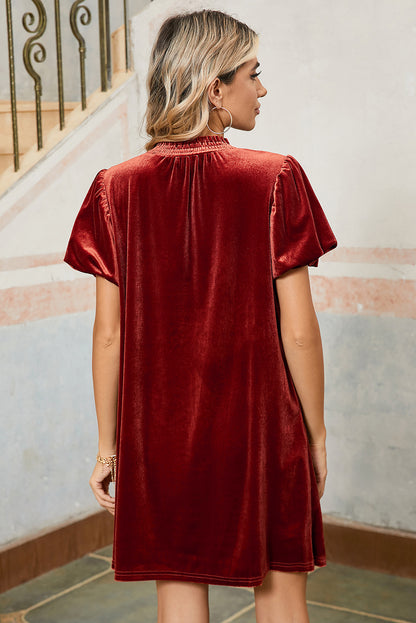 Cinnamon Velvet Smocked Neckline Puff Sleeve Shift Mini Dress - The Fair Lady Shop