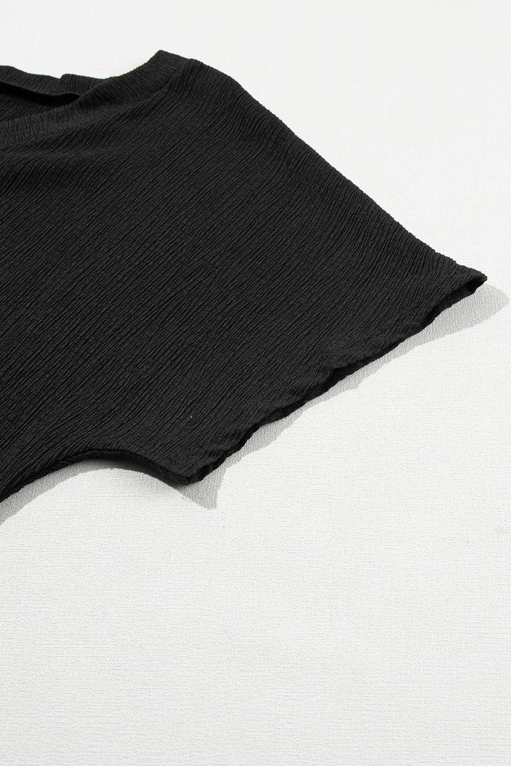 Blue Plain Crinkled V Neck Flounce Sleeve T Shirt - The Fair Lady Shop
