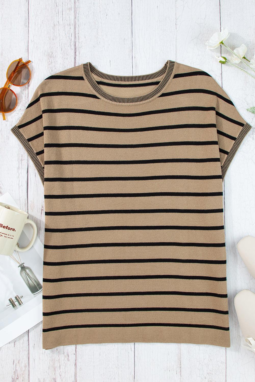 Khaki Stripe Knitted Dolman T Shirt - The Fair Lady Shop