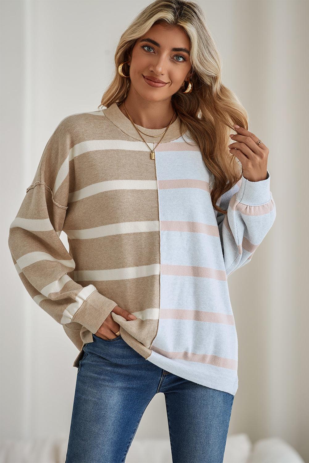 Khaki Stripe Exposed Seam Patchwork Loose Sweatshirts - The Fair Lady Shop