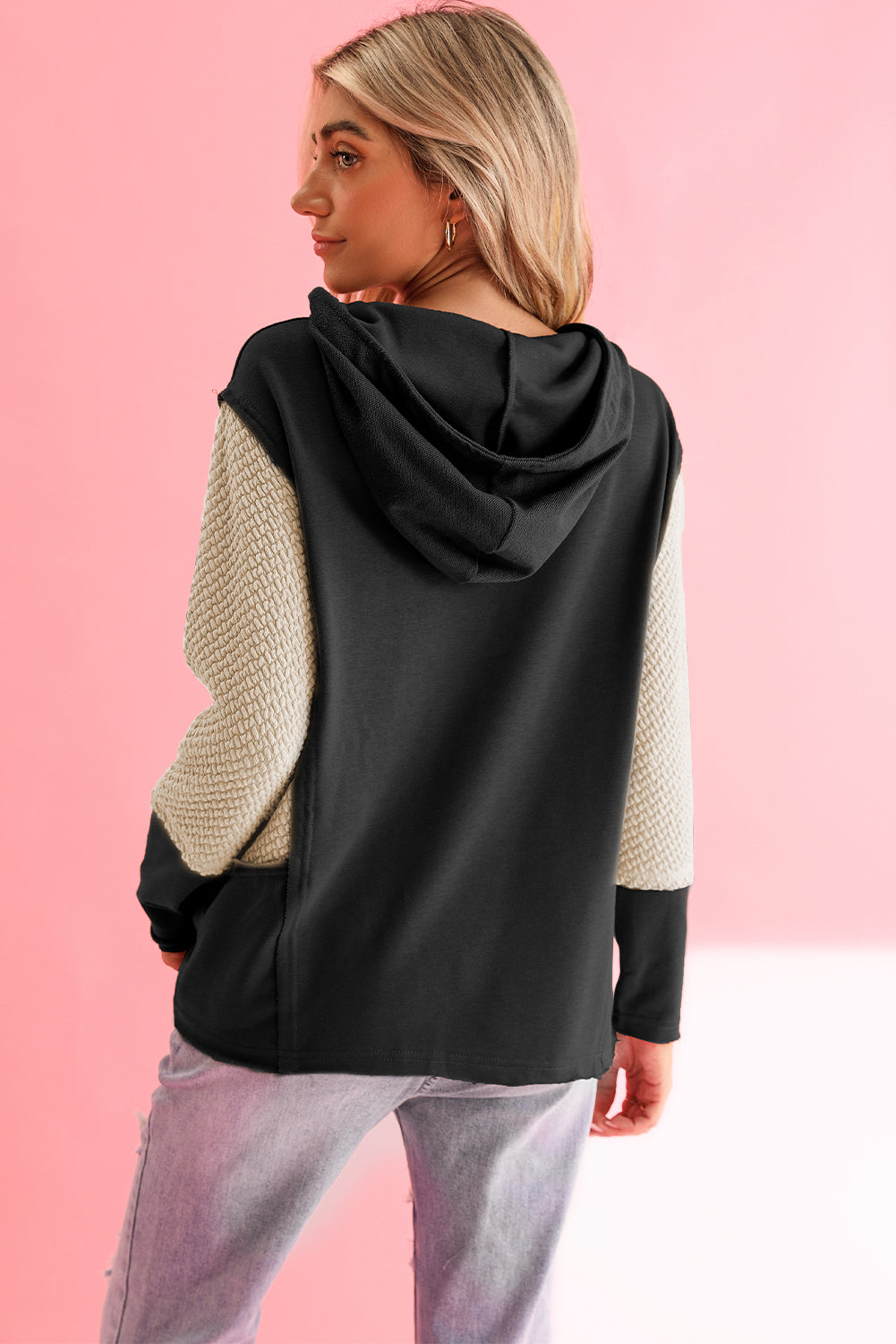 Black Textured Splicing Sleeve Raw Hem Hoodie - The Fair Lady Shop