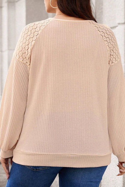 Beige Plus Size Lace Patchwork Buttons Waffle Knit Top - The Fair Lady Shop