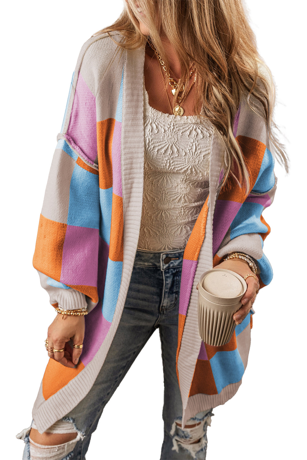 Orange Checkered Drop Shoulder Exposed Seam Open Front Cardigan - The Fair Lady Shop