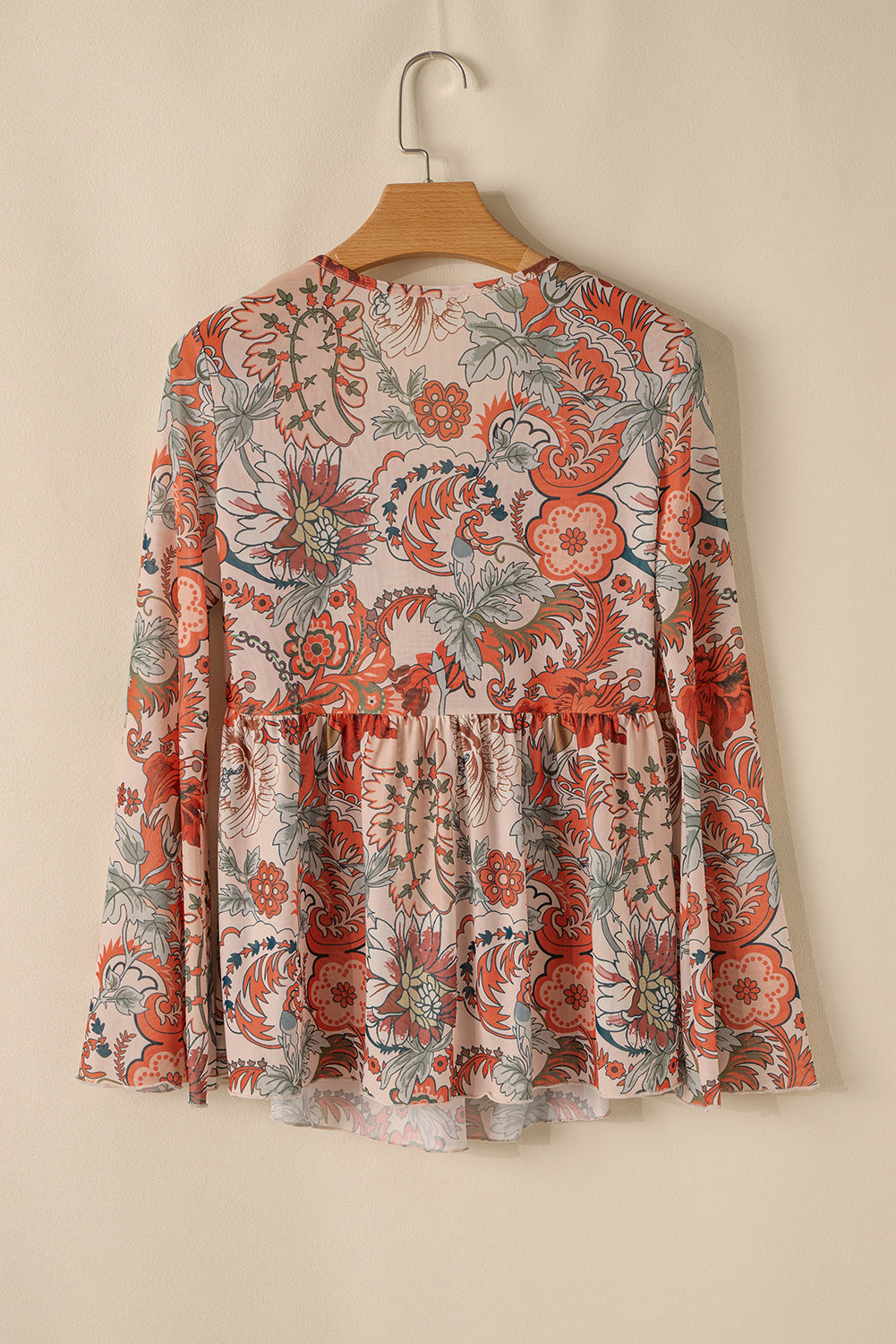 Orange Floral Bell Sleeve Pleated Blouse - The Fair Lady Shop