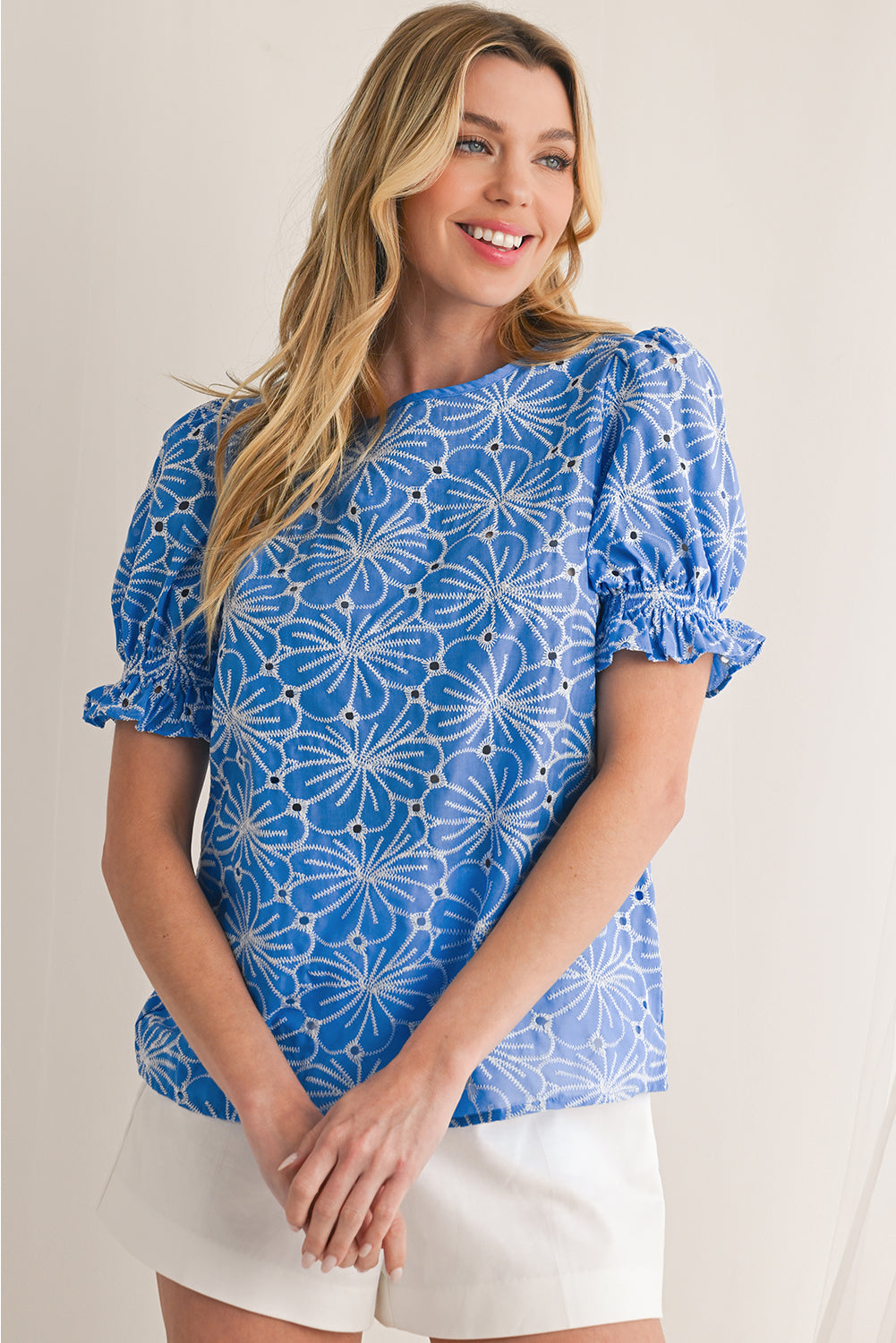 Sky Blue Boho Floral Eyelet Puff Sleeve Blouse - The Fair Lady Shop