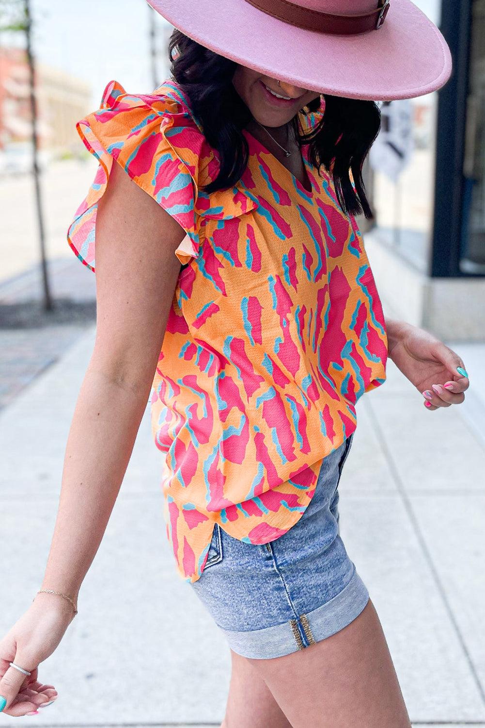 Orange Abstract Print V Neck Ruffled Sleeve Blouse - The Fair Lady Shop