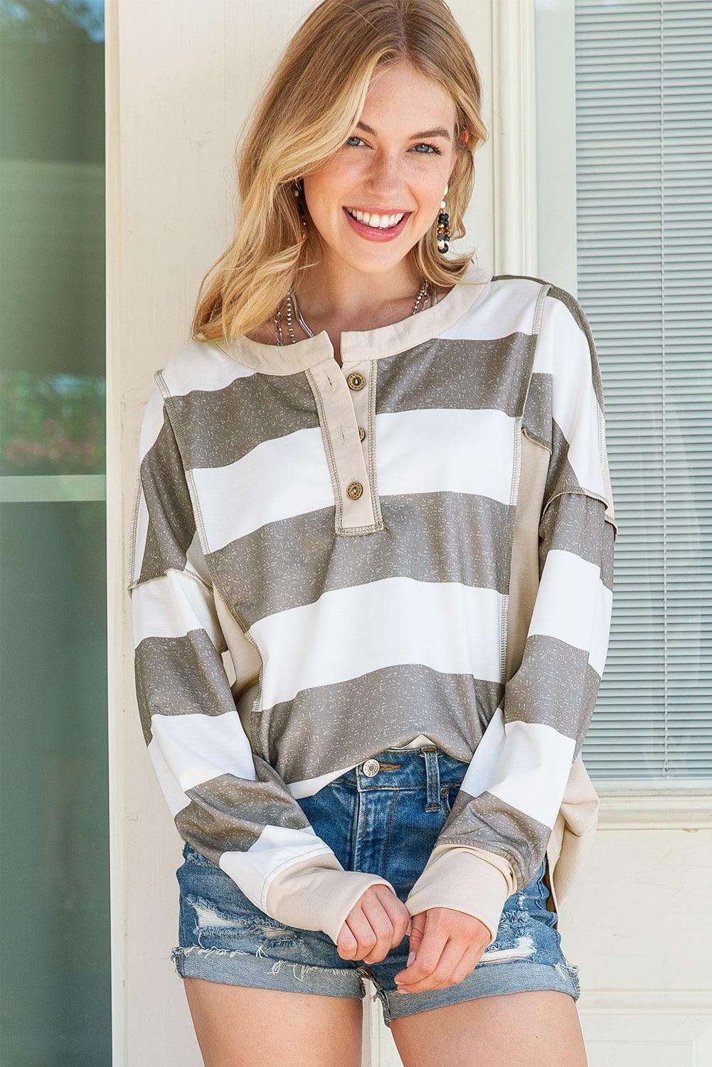 Multicolor Stripes Print Exposed Seam Long Sleeve Henley Shirt - The Fair Lady Shop