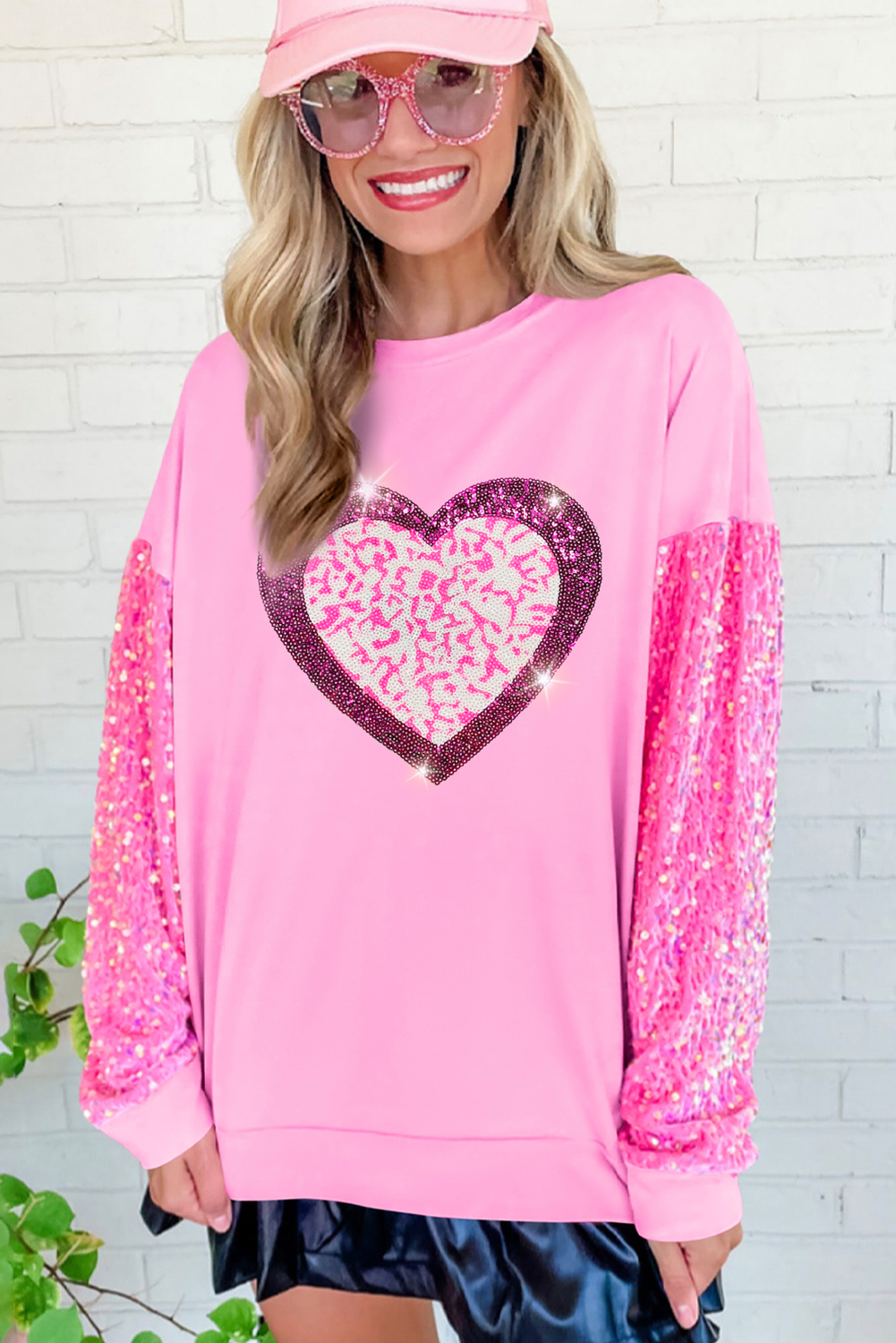 Pink Leopard Heart Graphic Sequin Patchwork Long Sleeve Valentines Top - The Fair Lady Shop