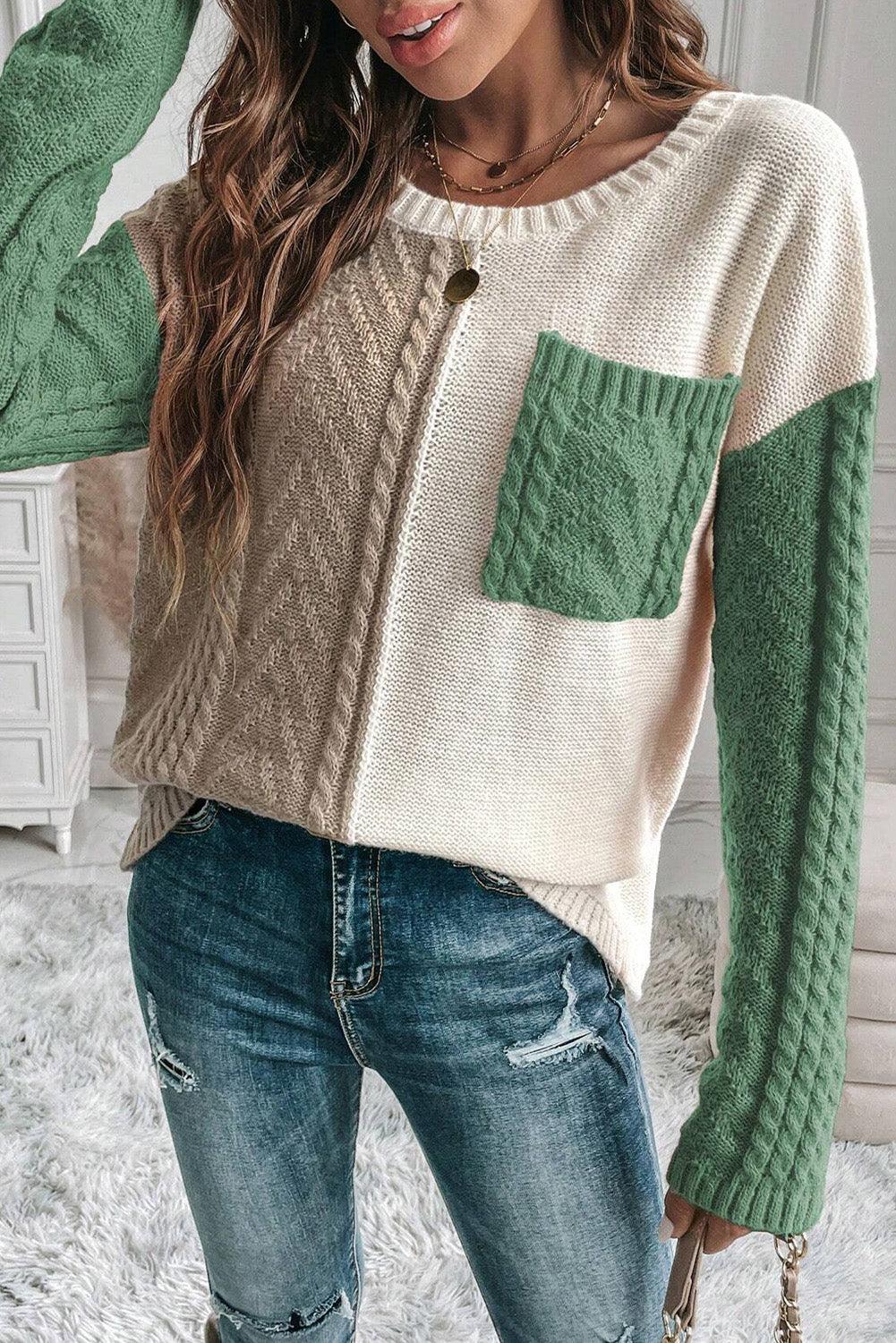 Rose Tan Colorblock Pocket Drop Shoulder Sweater - The Fair Lady Shop