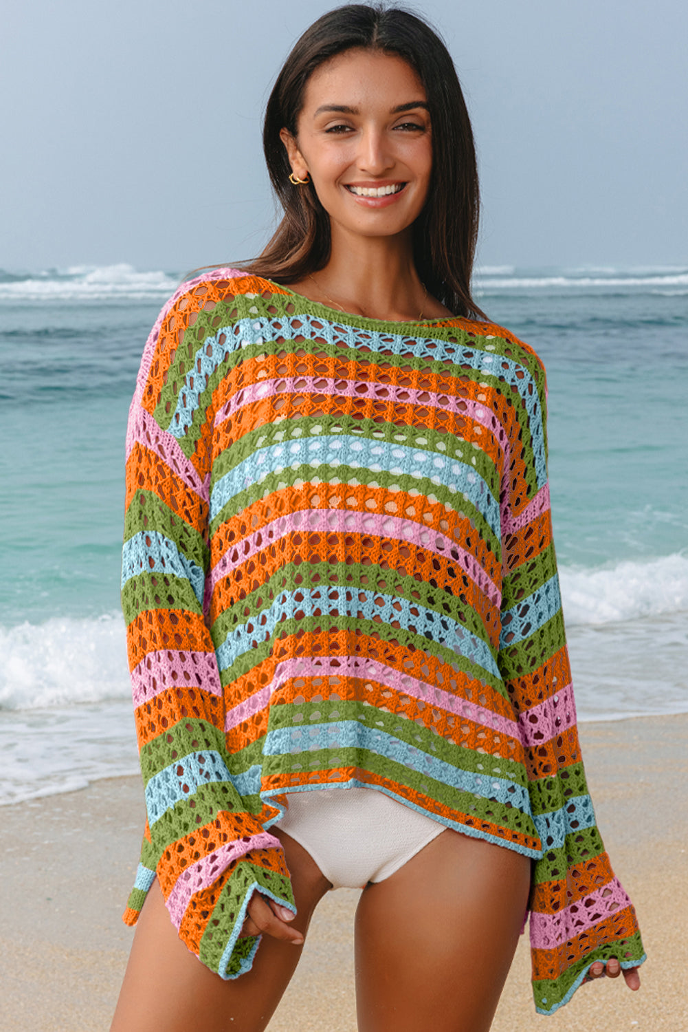 Carrot Striped Hollow Knit Summer Beach Cover Up - The Fair Lady Shop