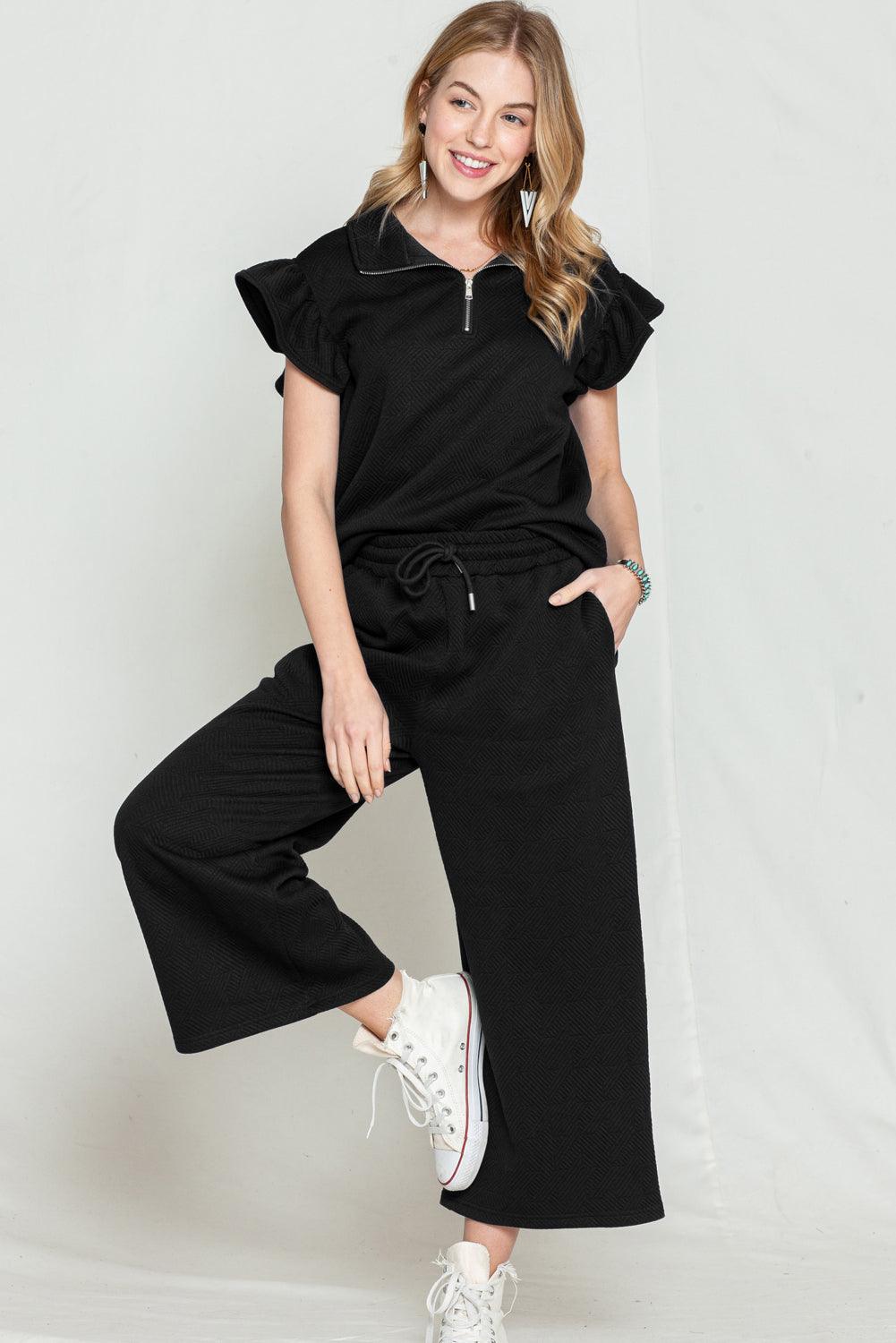 Black Textured Ruffle Cap Sleeve Top and Wide Leg Pants Set - The Fair Lady Shop