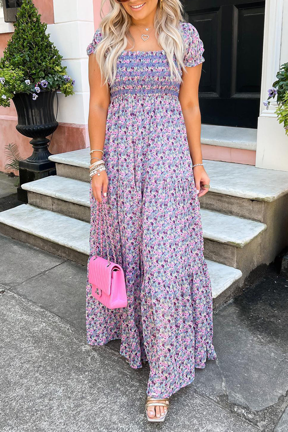 Purple Floral Short Bubble Sleeve Smocked High Waist Maxi Dress - The Fair Lady Shop