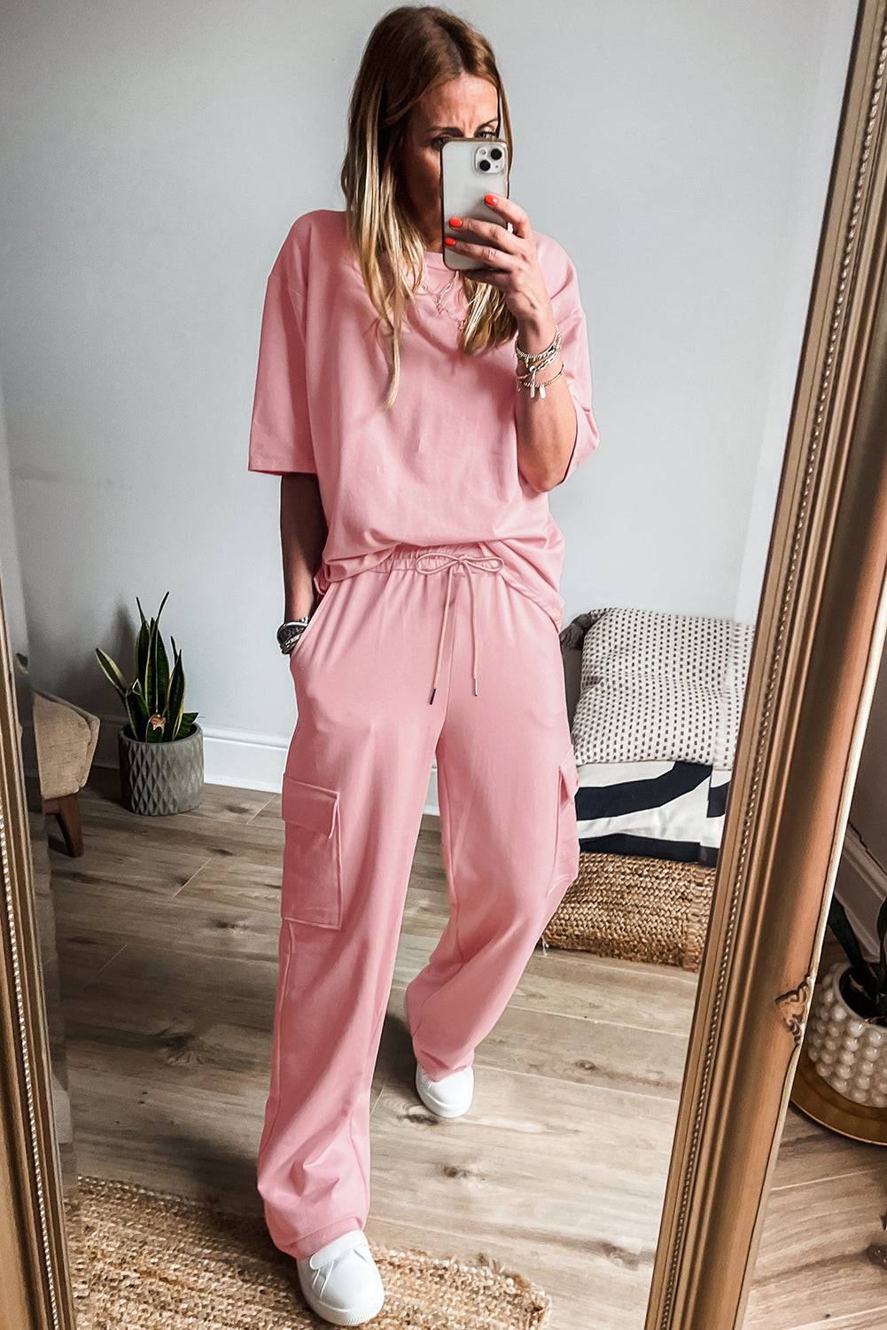 Apricot Pink Half Sleeve T-Shirt & Cargo Sweatpants Set - The Fair Lady Shop