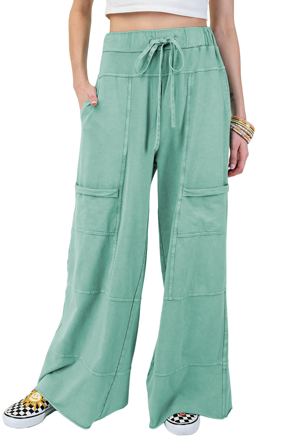 Mint Green Mineral Wash Exposed Seam Wide Leg Cargo Pants - The Fair Lady Shop