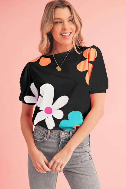 Apricot Colorful Flower Print Bubble Sleeve Tee - The Fair Lady Shop