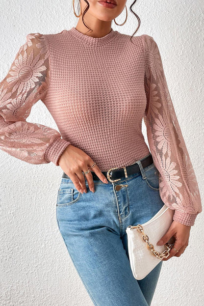 Peach Blossom Sunflower Lace Long Sleeve Waffle Knit Top - The Fair Lady Shop