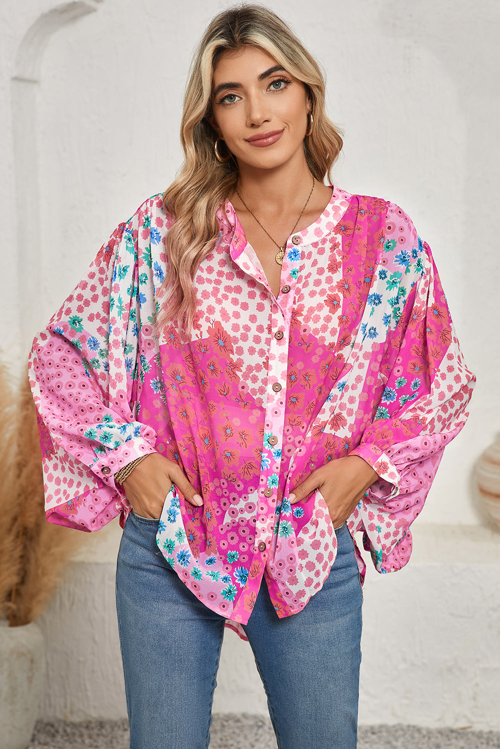 Rose Red Floral Print Dolman Sleeve Blouse - The Fair Lady Shop