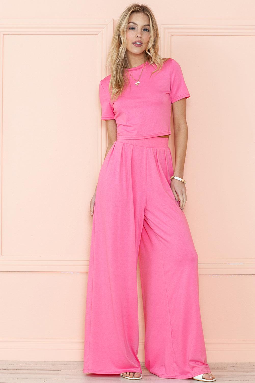 Strawberry Pink Plain Slim Fit Crop Top And Wide Leg Pants Set - The Fair Lady Shop