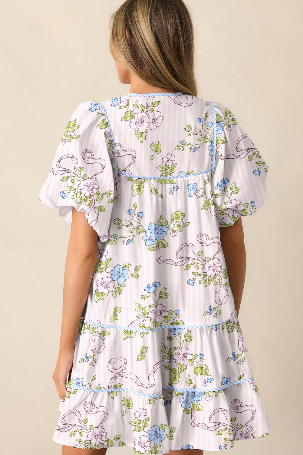 Pink Floral Striped Print Contrast Trim Tie Split Neck Mini Dress - The Fair Lady Shop
