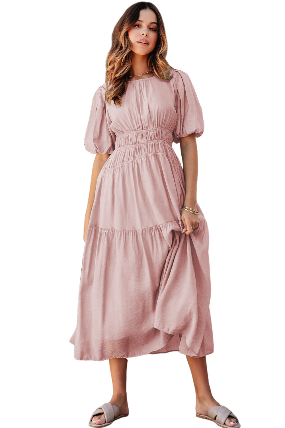 Pink Puff Sleeve High Waist Flowy Midi Dress - The Fair Lady Shop