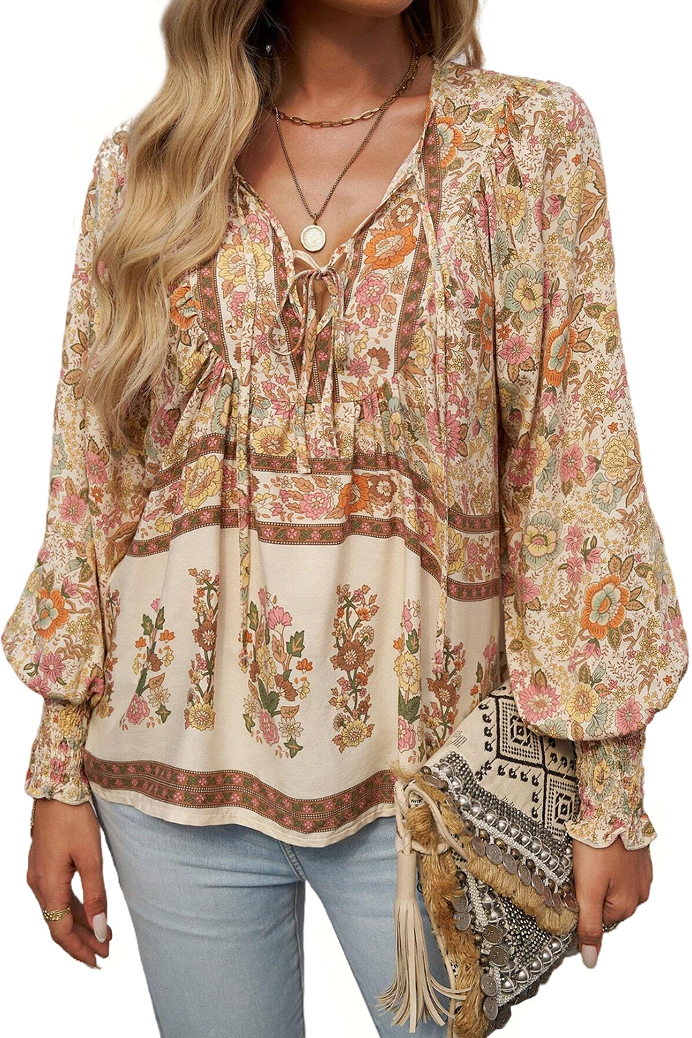 Yellow Floral Print Tie Neck Lantern Sleeve Blouse - The Fair Lady Shop