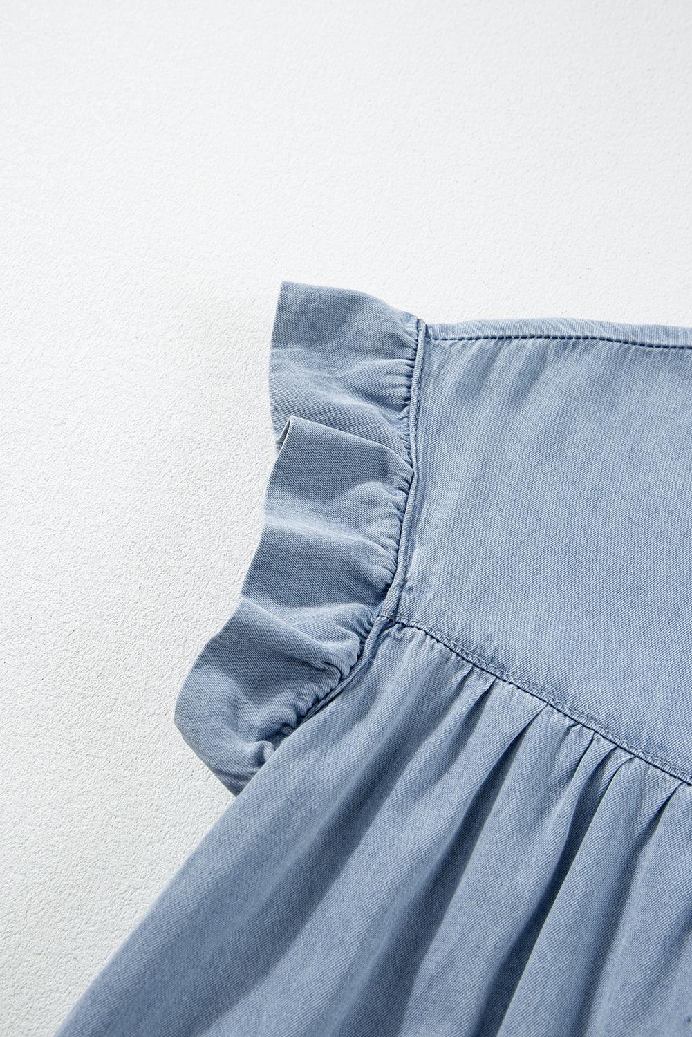 Beau Blue Ruffle Short Sleeve Tiered A-line Denim Dress - The Fair Lady Shop