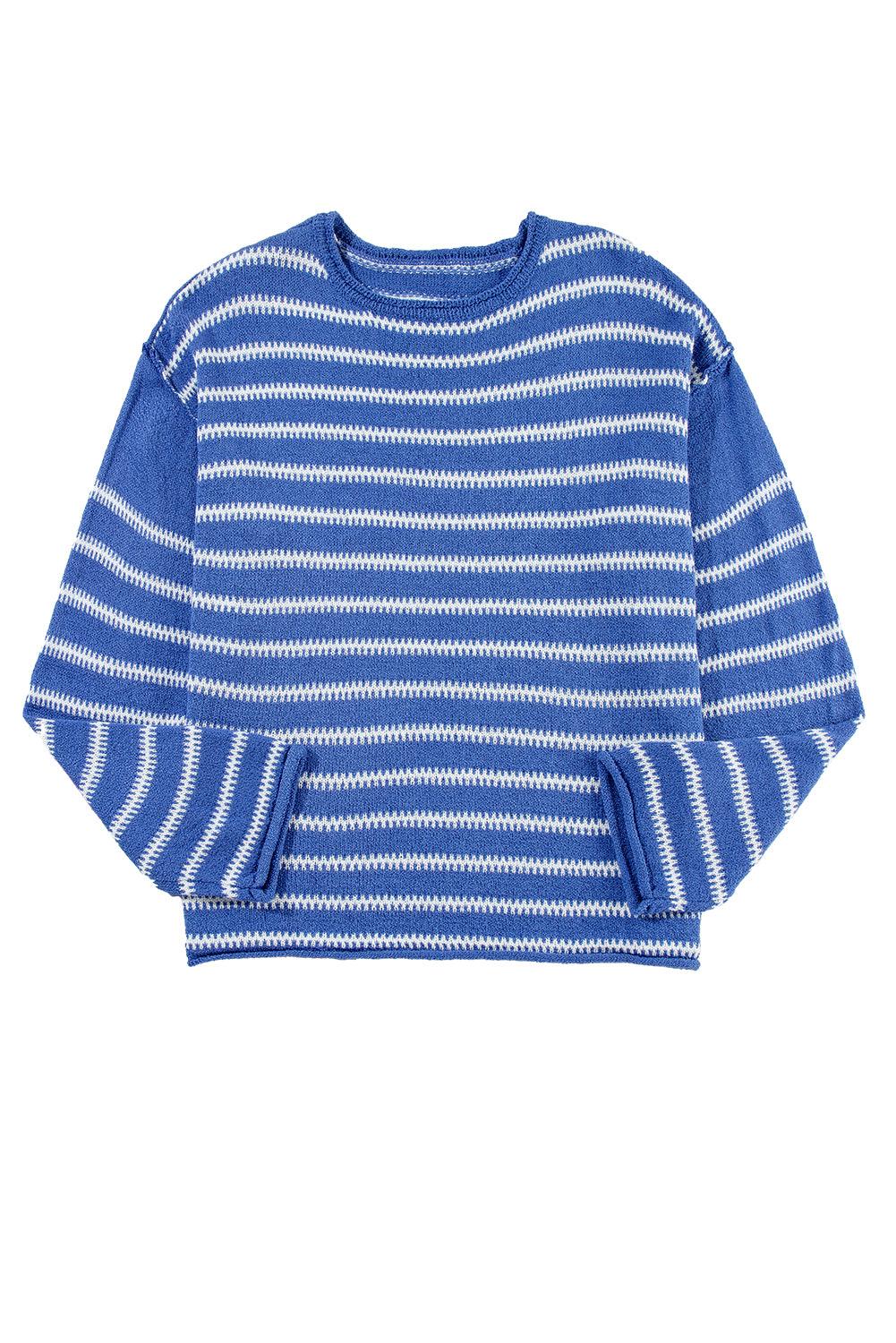 Khaki Casual Stripe Round Neck Drop Shoulder Sweater - The Fair Lady Shop