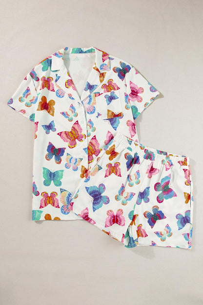 Multicolour Butterfly Print Button-up Shirt & Shorts Pajama Set - The Fair Lady Shop