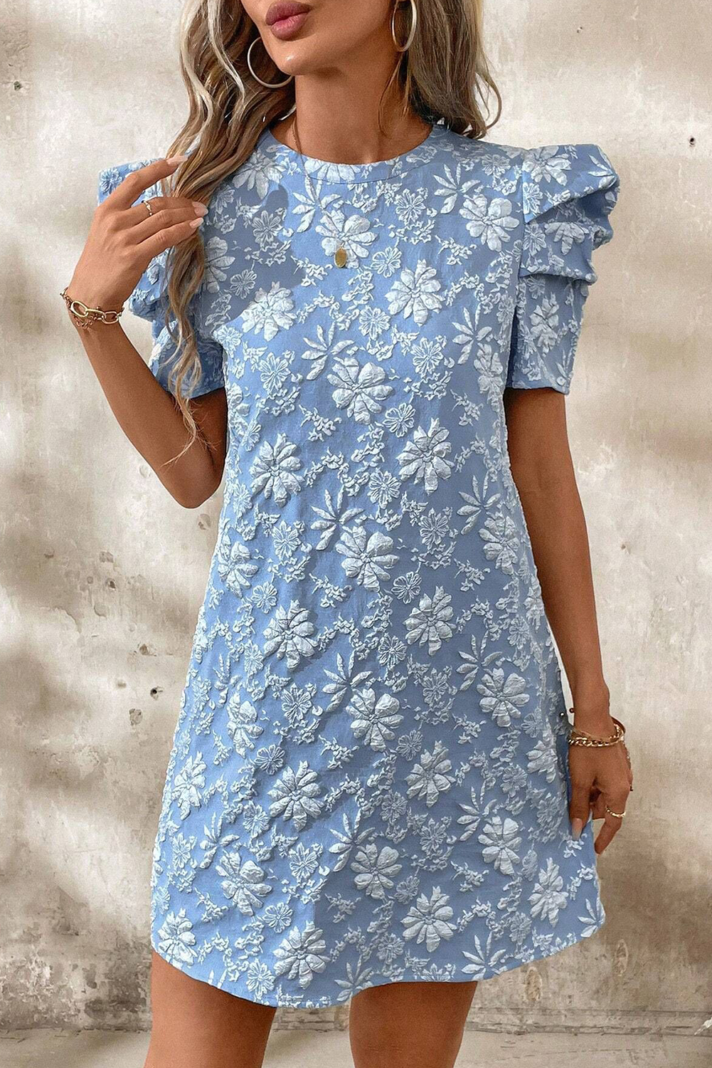 Sky Blue Floal Jacquard Elegant Mini Dress - The Fair Lady Shop