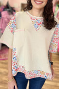 Beige Floral Patchwork Pocket Drop Sleeve Waffle T Shirt - The Fair Lady Shop