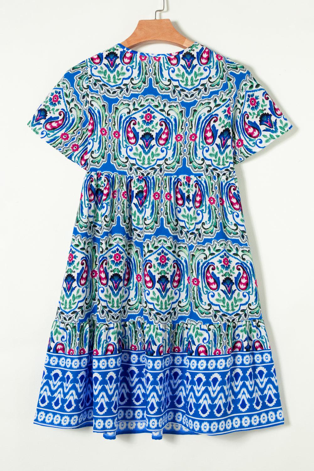 Orange Bohemian Tie Neck Flounce Sleeve Ruffle Hem Mini Dress - The Fair Lady Shop