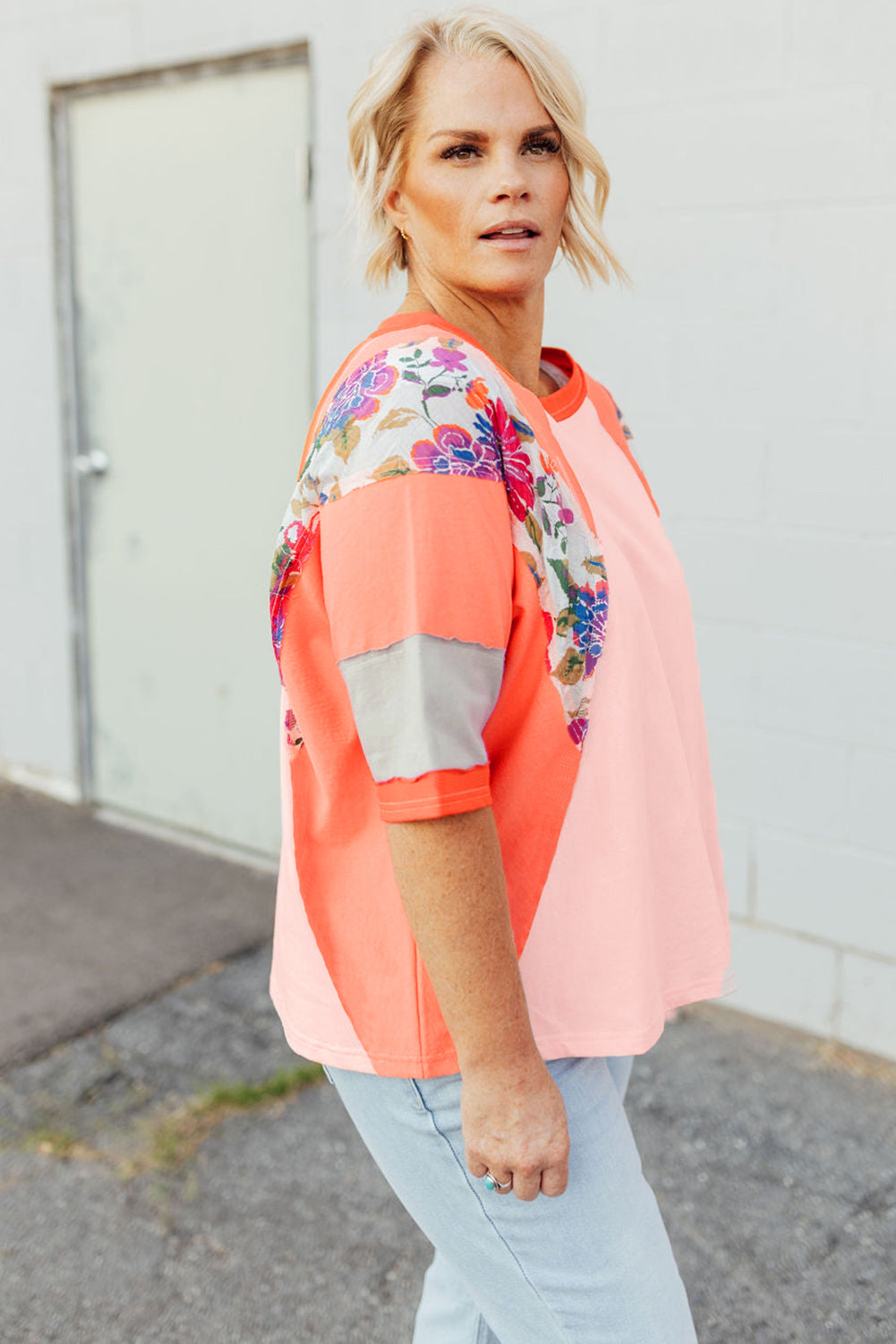 Orange Floral Patchwork Colorblock Plus Size Top - The Fair Lady Shop