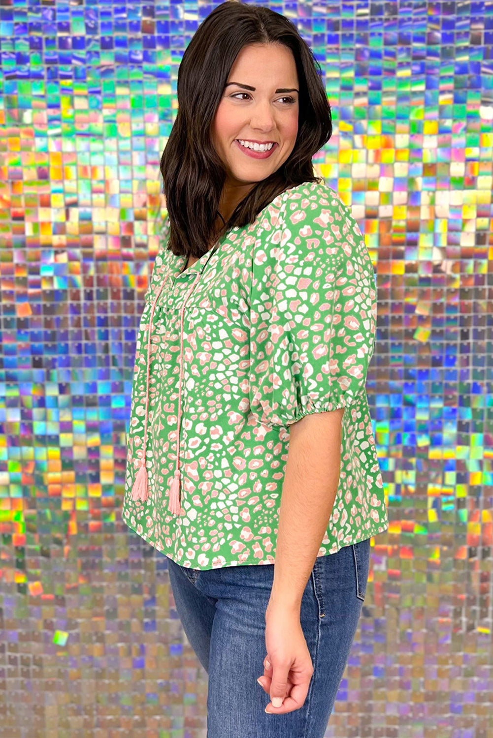 Green Plus Size Leopard Tassel Tie Split Neck Puff Sleeve Blouse - The Fair Lady Shop