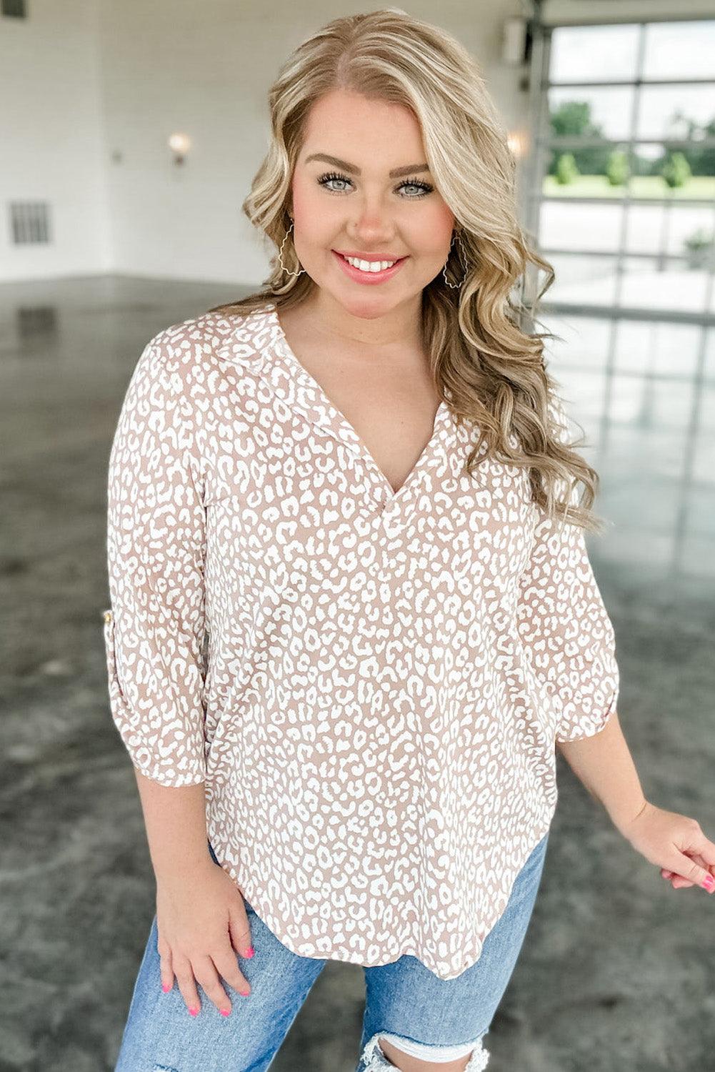 Apricot Leopard Tab Sleeve V Neck Plus Size Top - The Fair Lady Shop