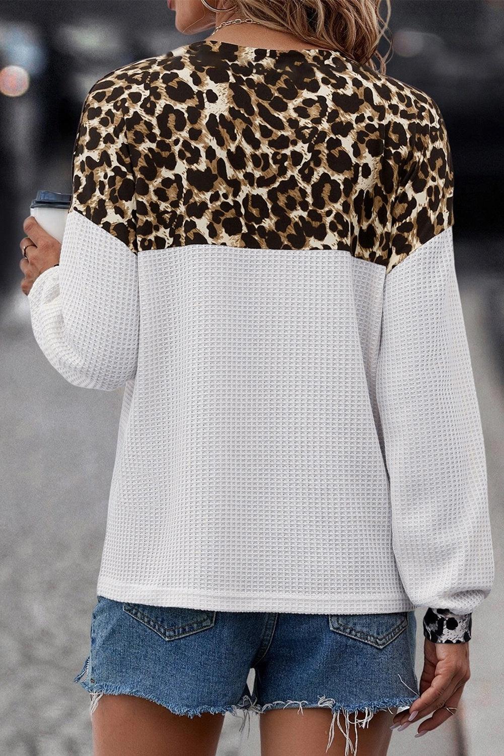 White Leopard Waffle Knit Patchwork Button V Neck Top - The Fair Lady Shop