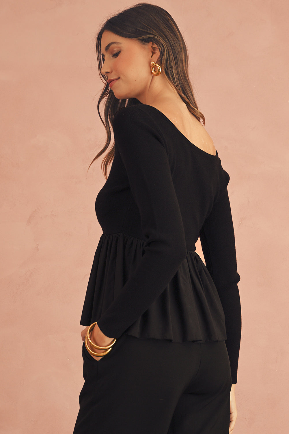 Black Pleated Hem Long Sleeve Ribbed Knit Top - The Fair Lady Shop