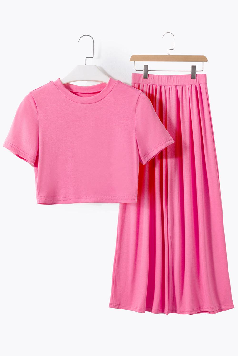 Strawberry Pink Plain Slim Fit Crop Top And Wide Leg Pants Set - The Fair Lady Shop