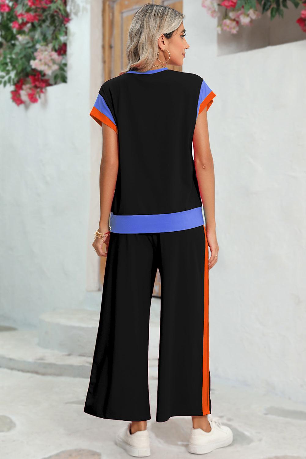 Chestnut Colorblock Cap Sleeve Tee and Wide Leg Pants Set - The Fair Lady Shop