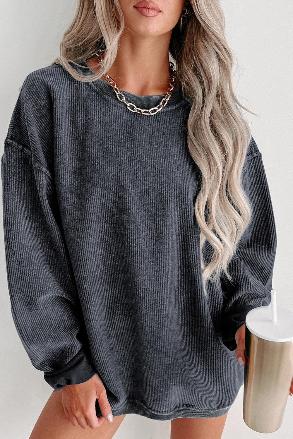 Khaki Solid Ribbed Round Neck Pullover Sweatshirt - The Fair Lady Shop