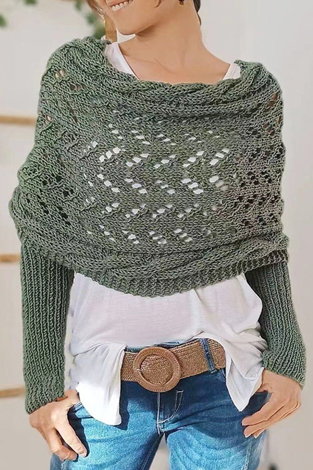 Blackish Green Hollow Knit Scarf with Sleeves - The Fair Lady Shop