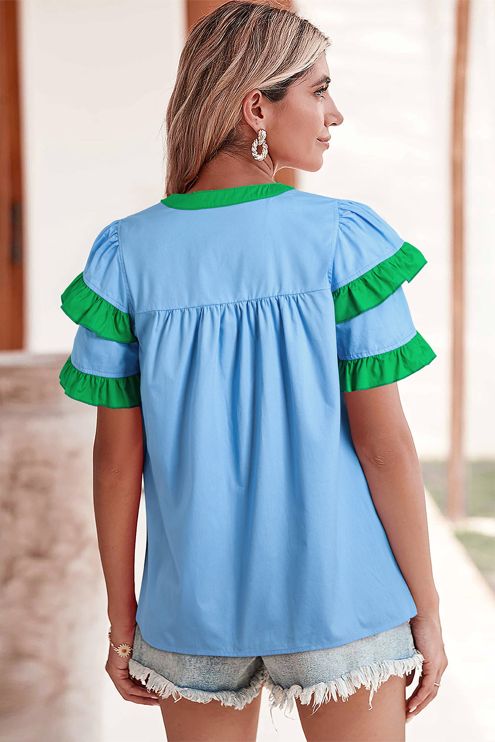 Mist Blue Ruffle Trim V-Neck Puff Sleeve Blouse - The Fair Lady Shop