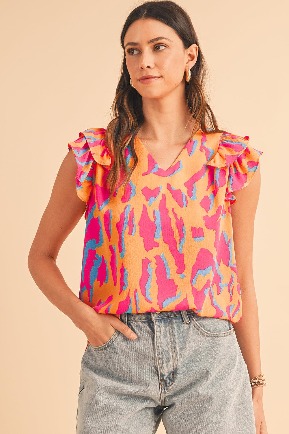 Orange Abstract Print V Neck Ruffled Sleeve Blouse - The Fair Lady Shop